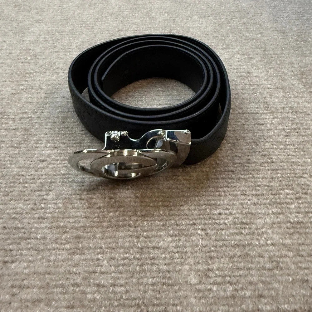 Men's Ratchet Designer Black Leather Belts with Automatic Silver G Letter Buckle